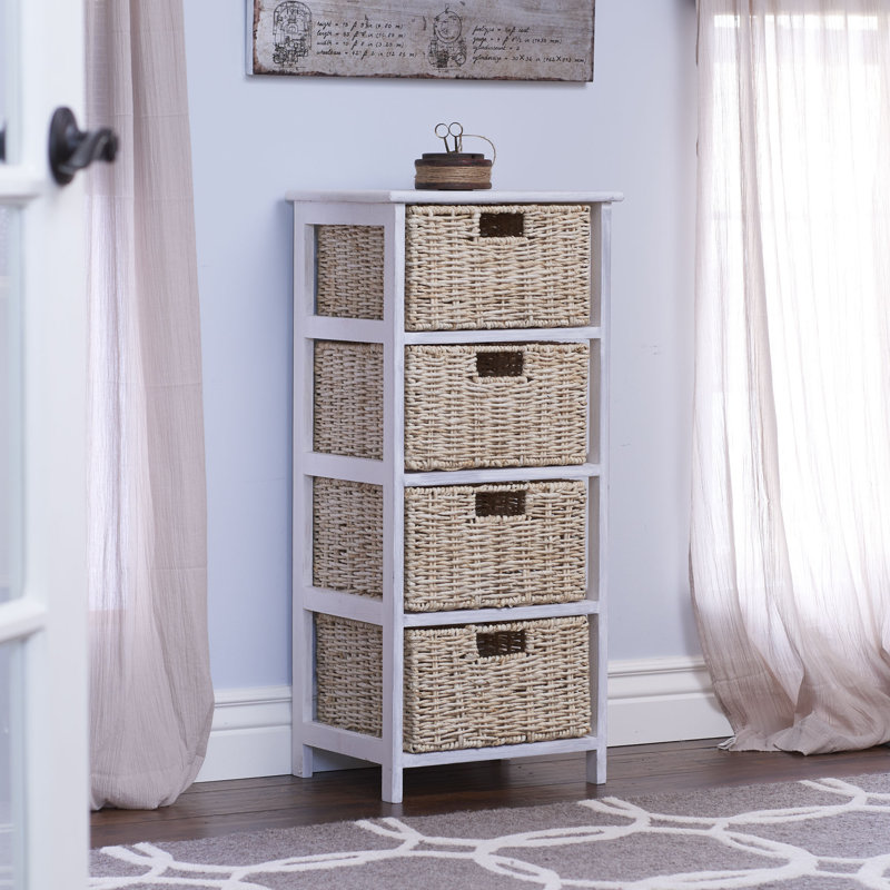 Storage Chest with 4 Drawers, Solid Wood Frame and Natural Wicker Baskets washed