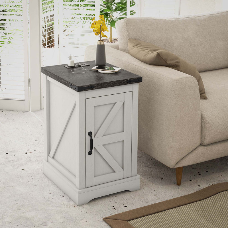End Table with Charging Station and USB Ports, Farmhouse Side Table with Storage Cabinet for Living Room,wood