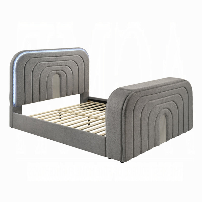 Grand lit Kery avec lève-personne, foyer à DEL, Bluetooth, sherpa gris Teddy, Gris