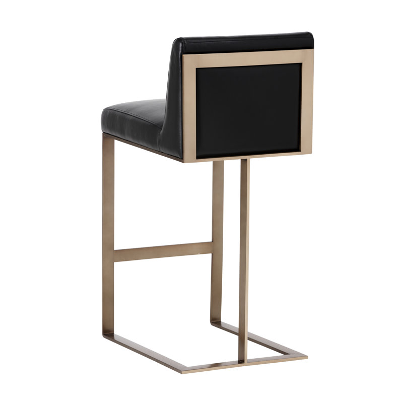 Dean Upholstered Stool with Metal Frame, Black, Bar Stool (30" Seat Height), Antique Brass