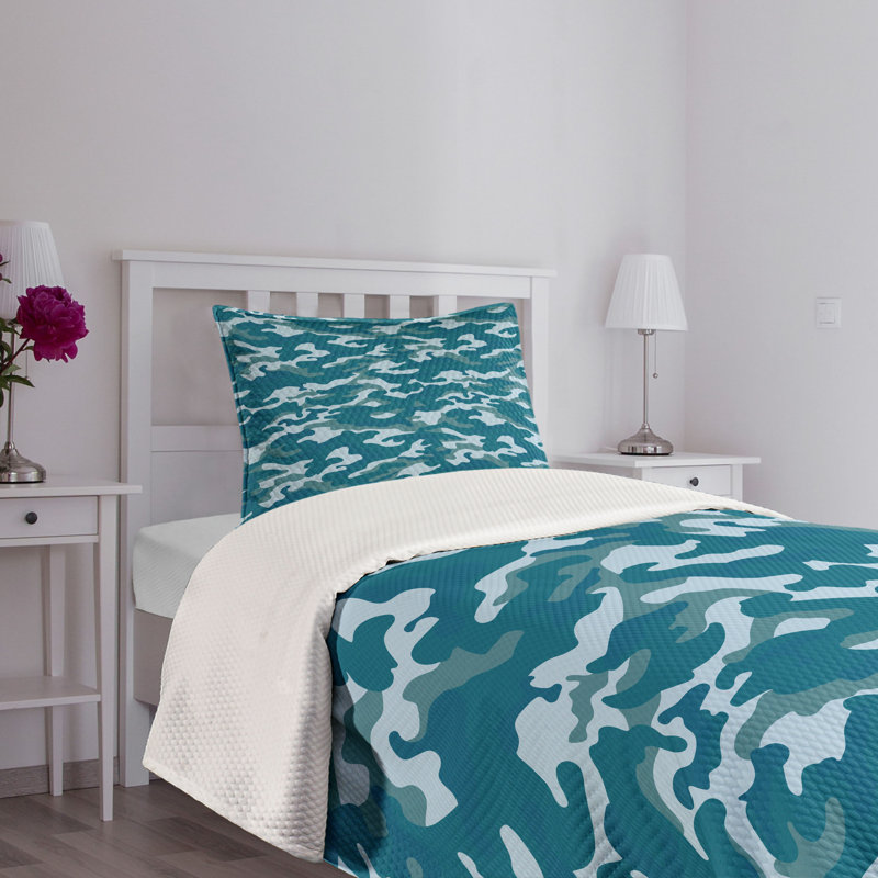 Twin Blue Camouflage Quilted Bedspread Set with Pillow Sham