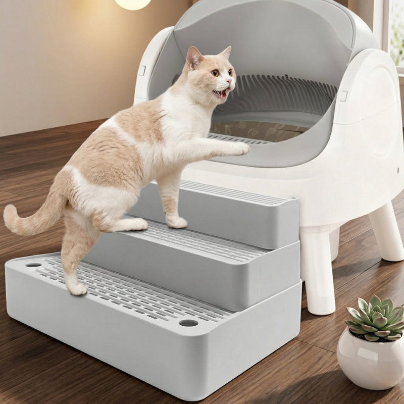 Marchepied réglable pour bac à litière à 3 niveaux, rampe avec fonction de filtre, surface antidérapante et nettoyage facile, conçu pour les petits et les grands chats, gris clair