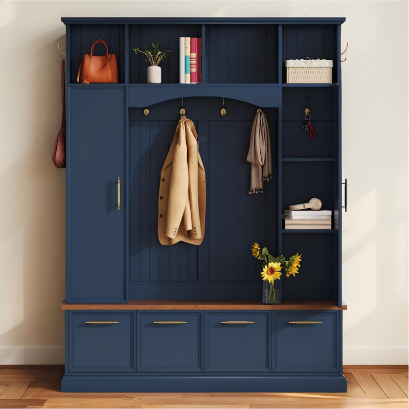 Hall Tree 59.03" Wide With Bench And Storage, Blue