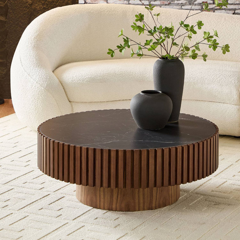 35.43" W Round Sintered Stone and Manufactured Wood Coffee Table with Pedestal Base, Black, Walnut