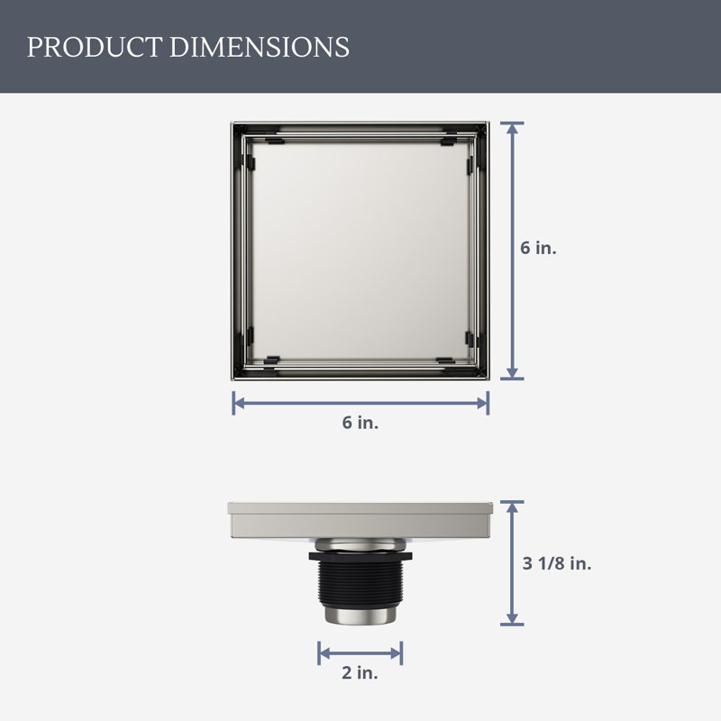 Dreamline Essence 6 in. Square Tile Insert Shower Drain, Polished Stainless Steel, Stainless Steel
