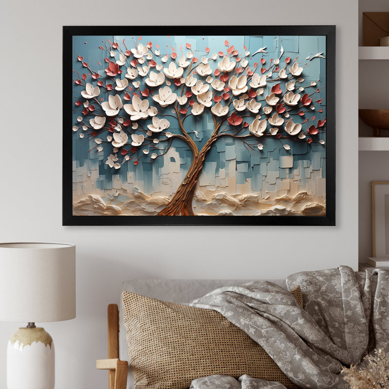 Arbre de fleur rouge et or au clair de lune beauté V - art mural arbre, Cadre d'angle fermé noir, H 16 po x l 32 po x P 1 po