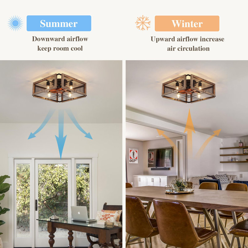 Daimyan Caged Ceiling Fan with Lights Remote Control, 20 Inch Farmhouse Flush Mount Ceiling Fan with Lights, 4 E26 Bulbs with 6 adjustable fan speeds (bulbs not included) 