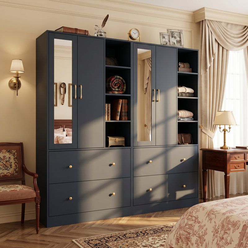 Armoire 4 tiroirs avec miroir Malieka, Bleu