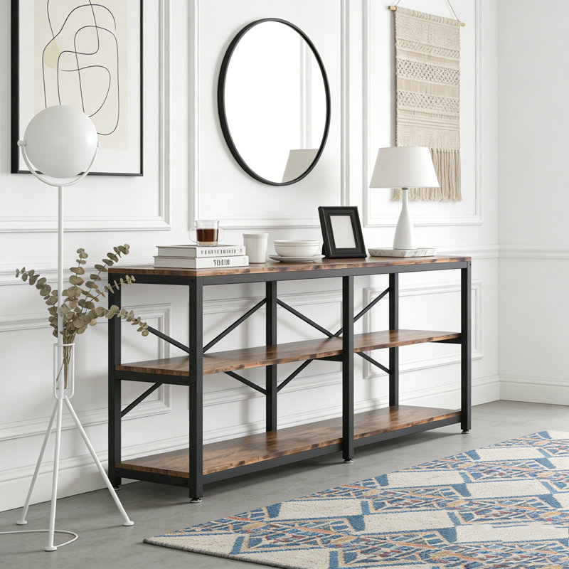 3-Tier Console Table Long Foyer Sofa Table with Storage Shelves, Black & Brown