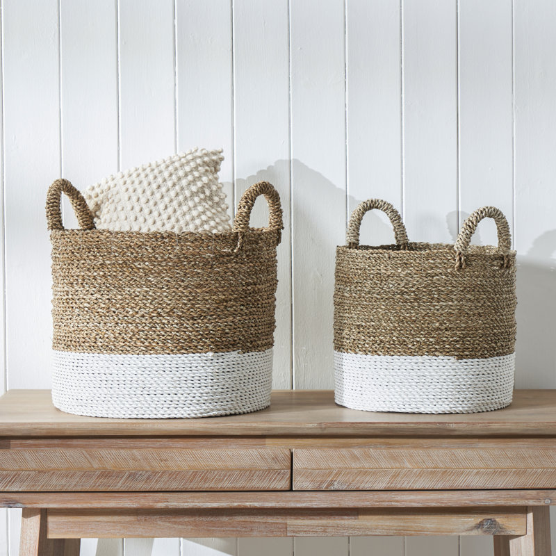 Hand Woven Wicker Laundry Hamper with Handles, Brown/White