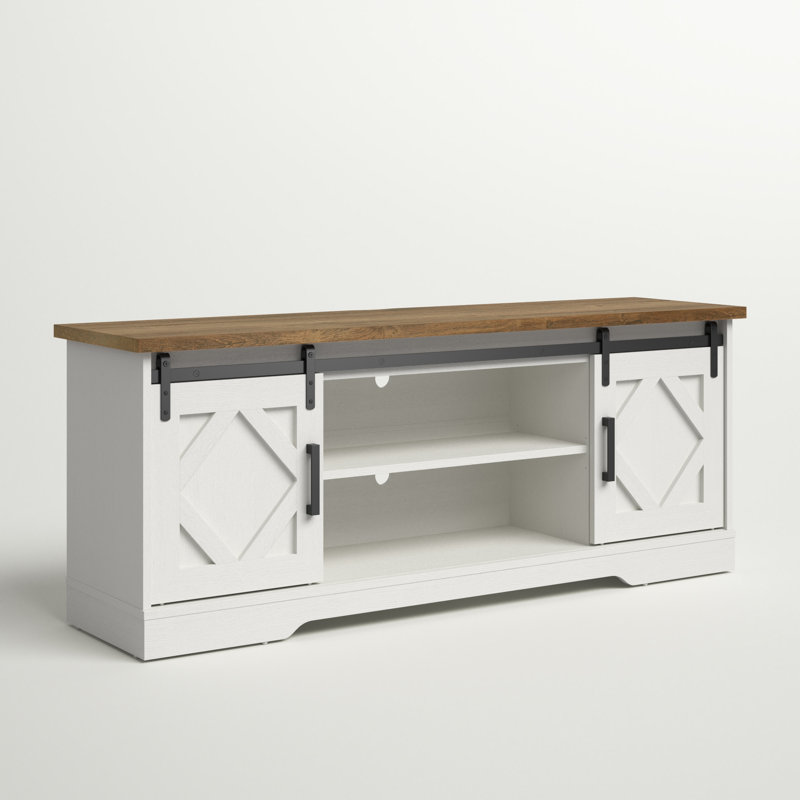Meuble télé Glenford Modern Farmhouse pour téléviseur de 65 po ou moins avec porte de grange coulissante, Chêne blanc