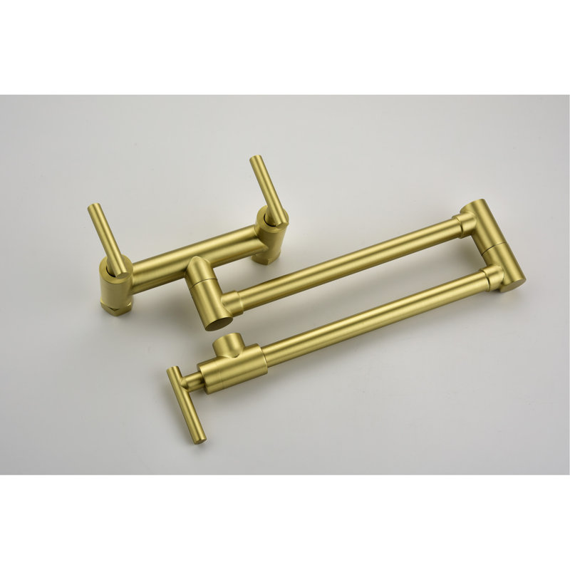 Gold Kitchen Faucet - Brass, Hot Cold Water, 3 Handles, 2 Holes, Wall Mount, Corrosion Layer, Gentle Water Stream Sink Treatment, Splash- Flow