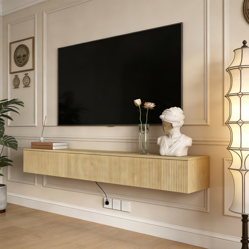 Meuble télé flottant mural avec éclairage à DEL, console multimédia moderne avec station de charge, centre de divertissement compact pour salon