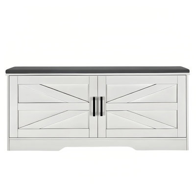 2-Tier Storage Bench, Farmhouse Shoe Bench With Padded Seat Cushion, Entryway Bench With 2 Barn Doors & 2 Adjustable Shelves, 13.75" D X 39.4" W X 17.72" H, For Entryway, Bedroom, Living Room, White