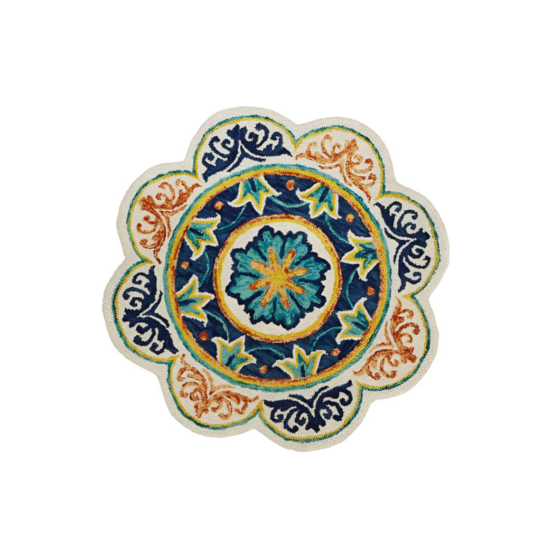 Navy Blue Themed Multicolored Motif Floral Patterned Woven Base Round Decorative Carpet, Novelty 2' x 2'8"