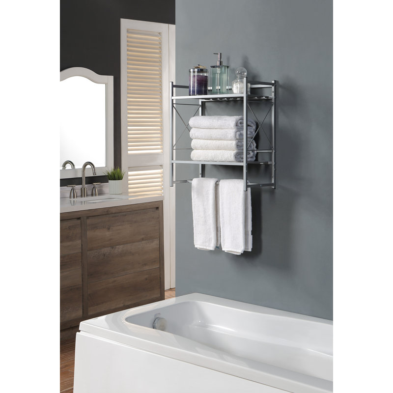 Silver Wall-Mounted 2-Tier Bathroom Shelf with Towel Bar