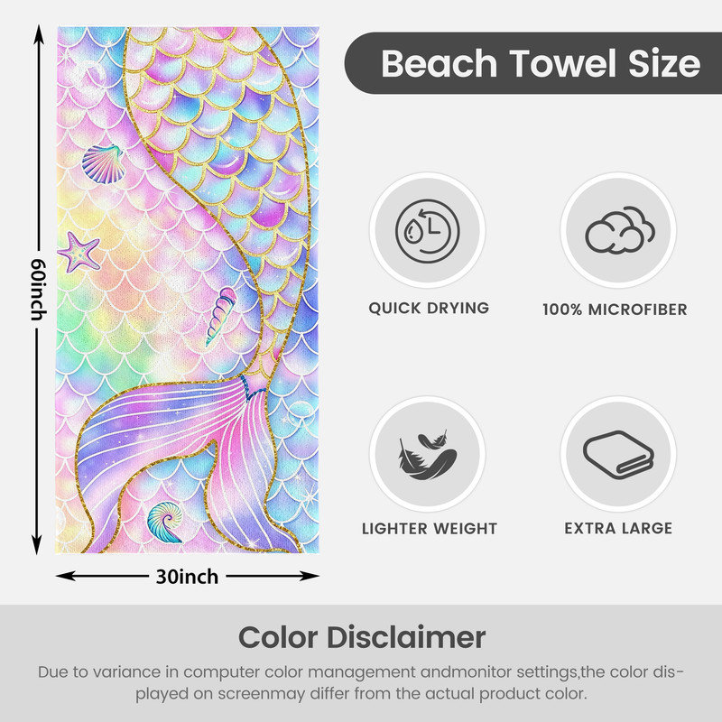  Serviette de plage en microfibre légère, absorbante sans décoloration, 30 po x 60 po, échelle sirène holographique