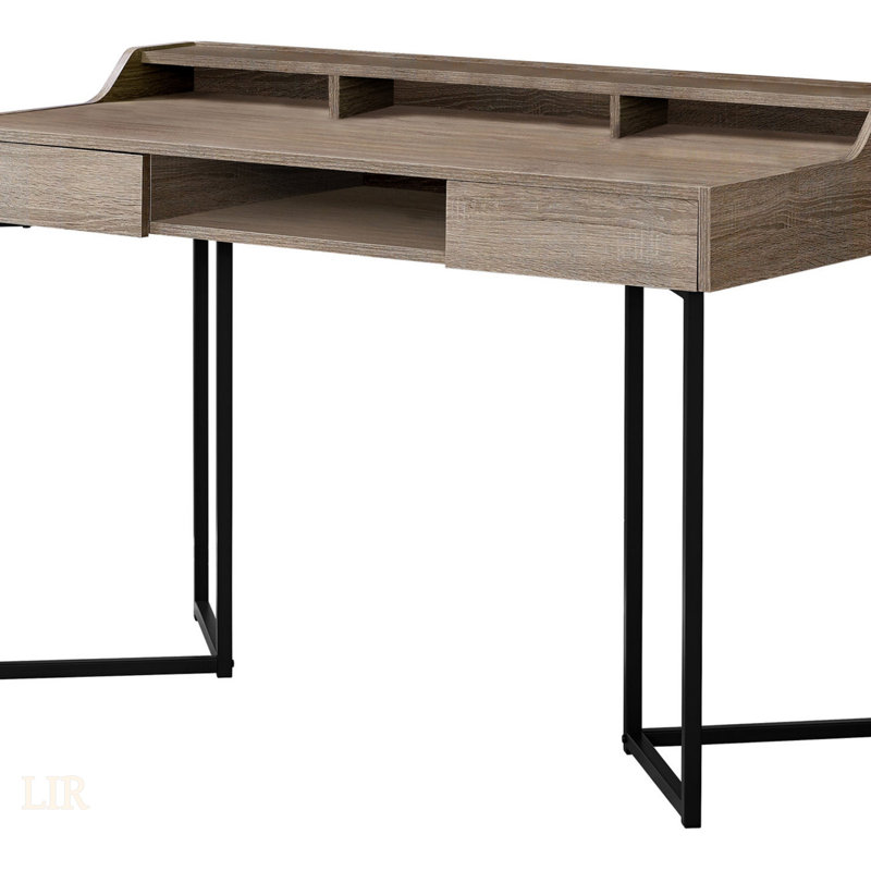 Modern Contemporary Laptop Computer Desk With Storage Drawers And Open Cubbies, Ideal For Home Office Work In Small Spaces.