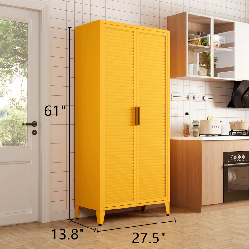 Armoire de cuisine de 71 po de hauteur jaune, armoires de rangement en métal Farmhouse, avec 2 portes à persiennes et 4 tablettes réglables, organisateur de rangement polyvalent, pour la maison, le vestibule, la chambre d'enfant