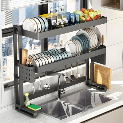 Égouttoir à vaisselle réglable en acier inoxydable au-dessus de l'évier - Organisateur de cuisine peu encombrant avec porte-couverts amovible et plateau de drain - Station de séchage en métal robuste pour petits espaces