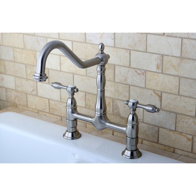 Kingston Brass Tudor Two-Handle 2-Hole Deck Mount Bridge Kitchen Faucet, Brushed Nickel