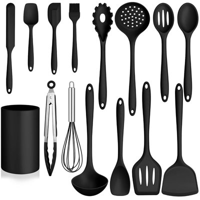 15 PCS Silicone Cooking Utensil Set, Kitchen Utensils Set, Black