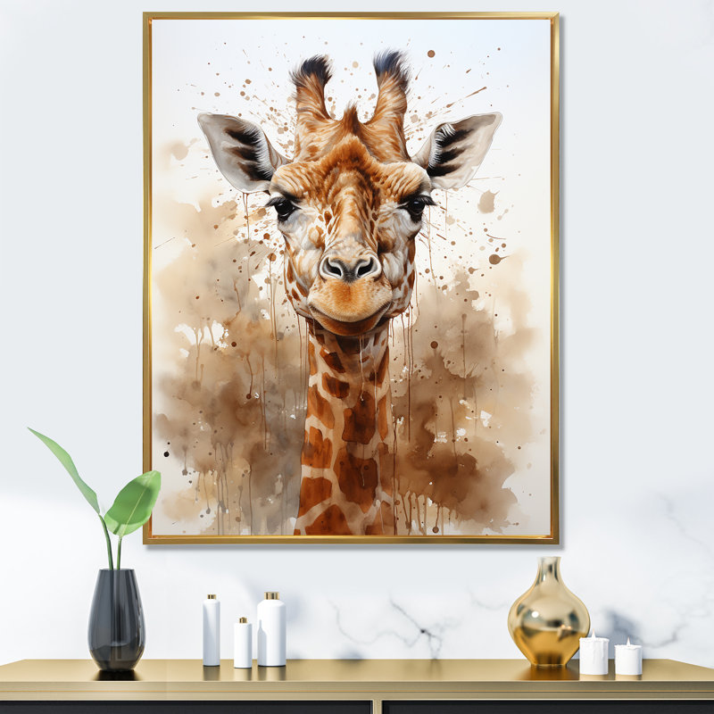 Girafe en sable brun - imprimé, Cadre flottant doré, H 32 po x l 24 po x P 1 po