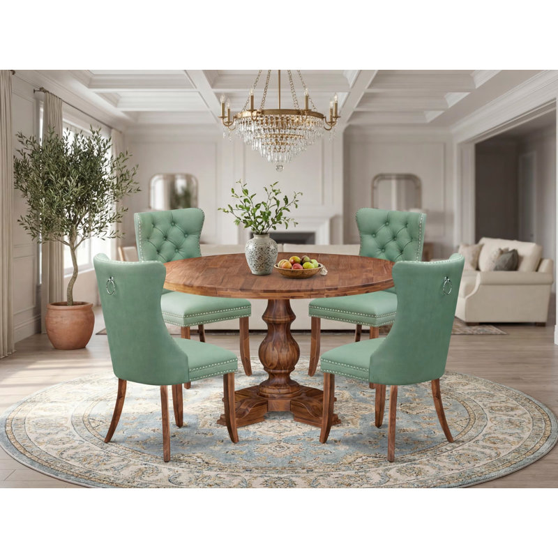 Ensemble de salle à manger 5 pièces Mid Century contenant une table en bois et 4 chaises en tissu de polyester vert saule avec dossier capitonné, noyer antique