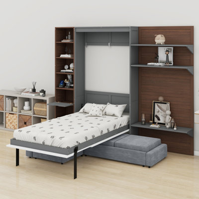 Lit escamotable avec panneau paysage de montagne, armoire de rangement et façade de canapé pour appartements et chambres d'hôtes