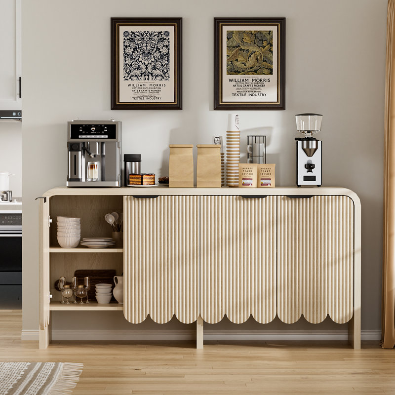 Mid-century Modern Fluted Sideboard With Scalloped Bottom, 4-door Accent Cabinet With Adjustable Shelves For Living Room, Dining Room