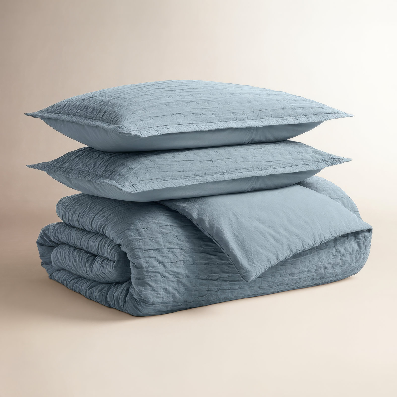 Popple Cotton Duvet Cover Set, Queen Duvet Cover + 2 Queen Shams, Gray Blue