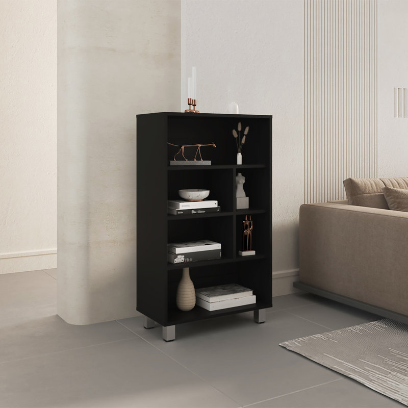  Bibliothèque Akiak, 6 tablettes, 4 pieds, salon, Noir, noir, noir, noir