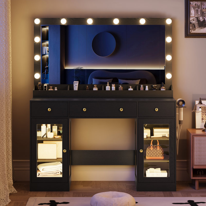 Vanity Desk with Power Outlet,Lighted Mirror, Black Makeup Dressing Table with Large Storage Drawer, Cabinet and Foldable Panel