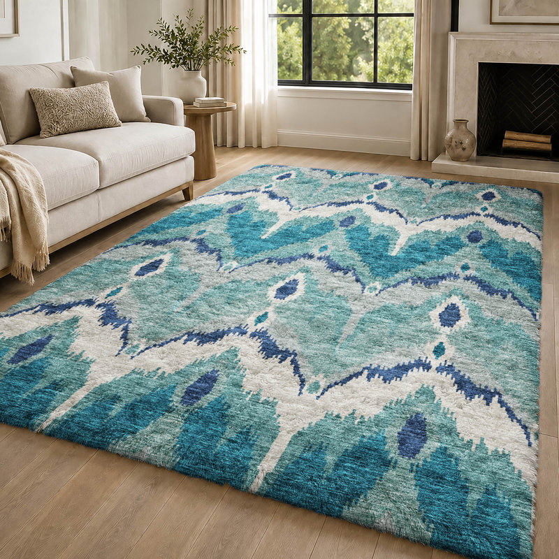 Tapis Dream Shag ADS743 Ikat lavable à la machine de qualité supérieure, Sarcelle, 3' x 5'
