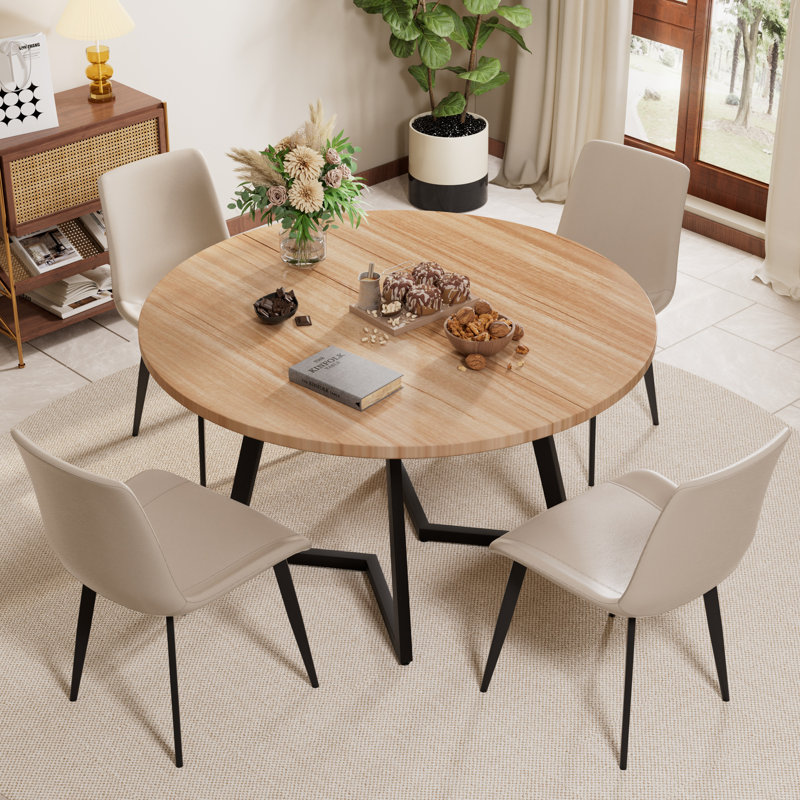 Mid Century Round Dining Table Sets, Cream, Natural Wood, 5