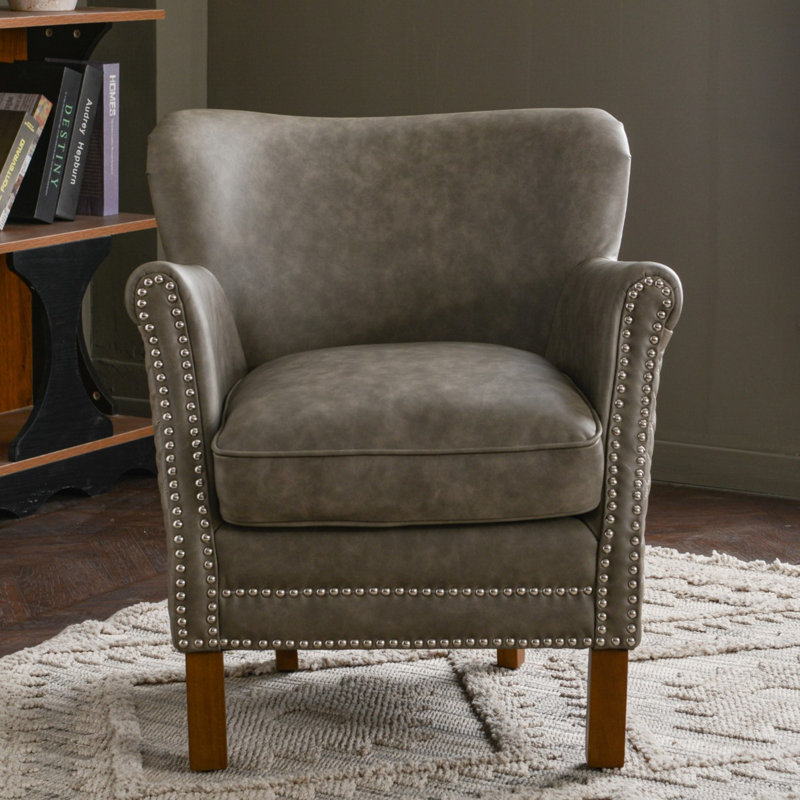 26'' W Small Top-Grain Genuine Leather Upholstered Armchair, Gray