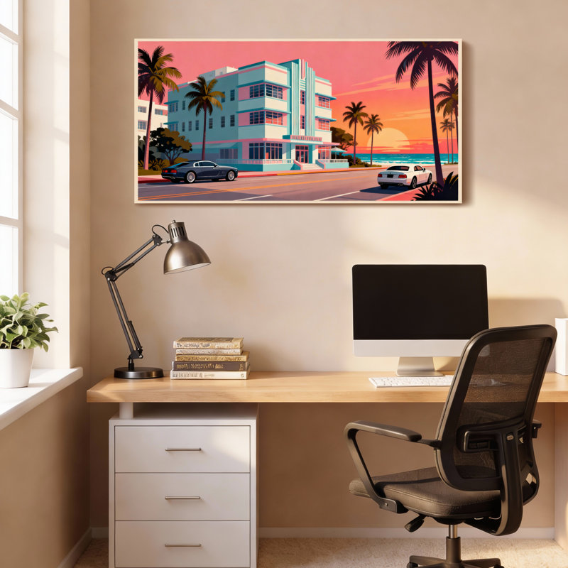 Ensemble de 1 tableau sur toile tendue représentant un édifice Art déco de Miami et des palmiers au coucher du soleil