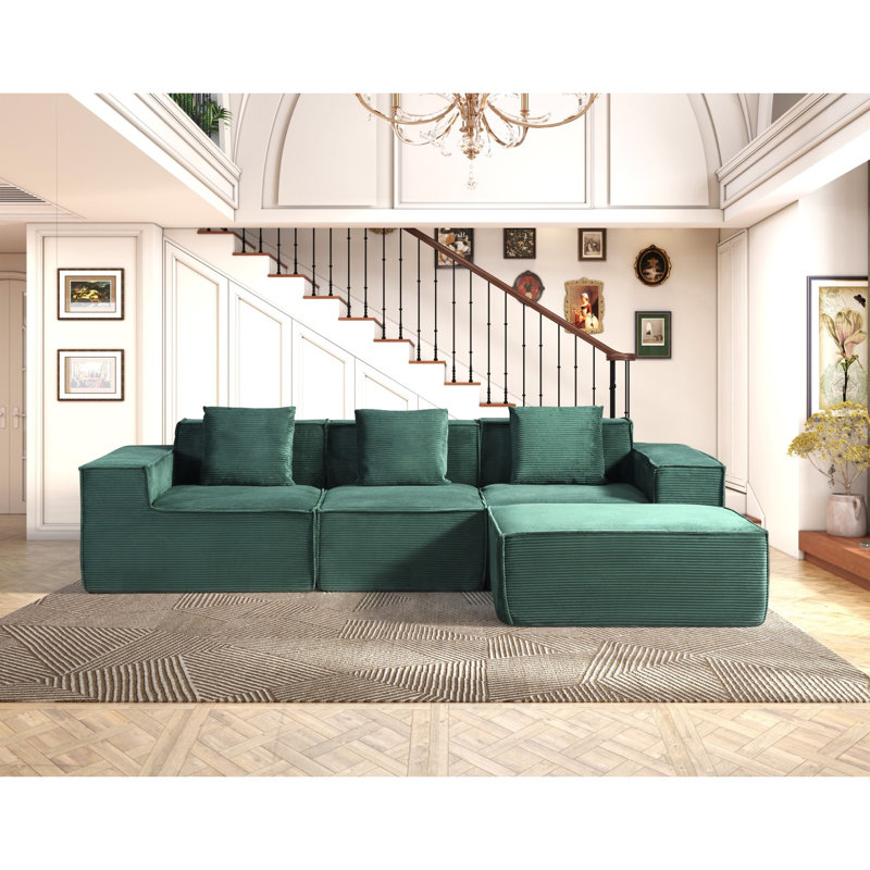 86'' L Shaped Couch With Armrest Organizer,3 Seats Sofas With Movable Ottoman,Comfy Sectional Sofa With Thick Cushion,Linen Sectional Couches For Living Room,Bedroom,Apartment,Dark Green