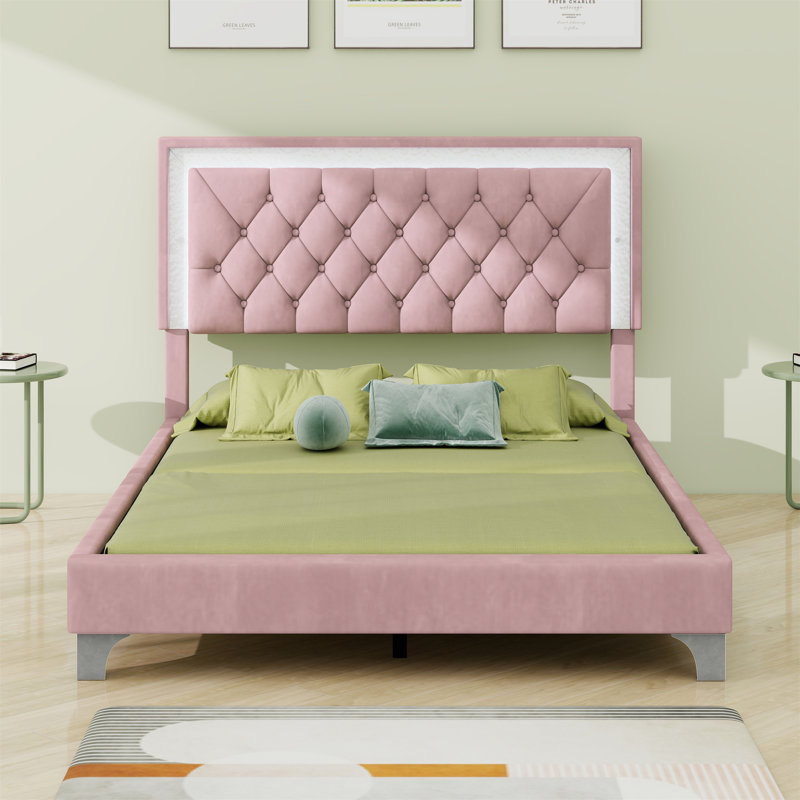 Upholstered Bed Frame With LED Lights,Modern Platform Bed With Tufted Headboard