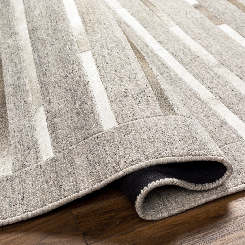 Giselle Striped Handmade Area Rug in Gray/White/Brown, Rectangle 8'10" x 12'