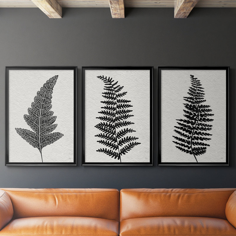 «Forest Fern I» - Toile tendue avec châssis sur mesure - 3 pièces, Noir, H 19 po x l 27 po