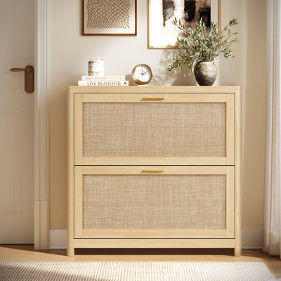 16 Pairs Shoe Storage Cabinet With 2 Flip Drawers, Entry Shoe Cabinet With Rattan-Look Flip Drawers