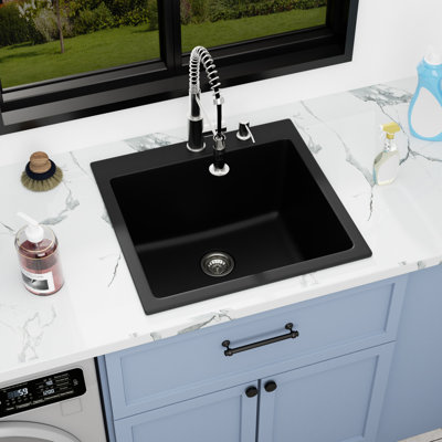 Quartz L 25 po x l 22 po x P 12 po en granite avec lavabo à cuve simple à cuve simple avec lavabo et distributeur de savon