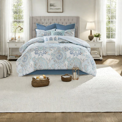 Luxury Blue Floral Cotton Bedding Sets, Reversible For Modern Bedroom