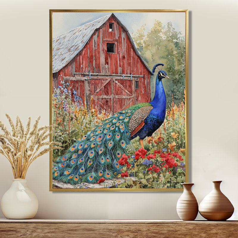 «Ickes Peacock At The Farm Garden I», art mural oiseau, Impression encadrée flottante, H 32 po x l 16 po, Doré
