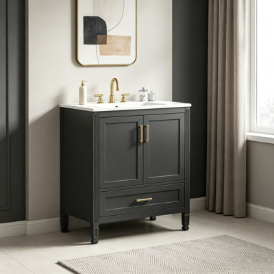 Meuble-lavabo cannelé élégant avec lavabo en céramique, portes à fermeture en douceur et tiroir, pieds en bois massif, livraison dans une seule boîte