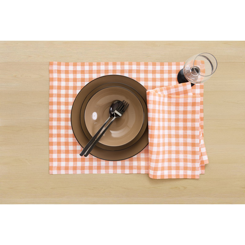 Gingham Check - 100% Pure Linen Dinner Napkins, Apricot