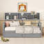 Lit de jour simple, support en lattes de bois, avec tablettes de chevet et deux tiroirs, gris