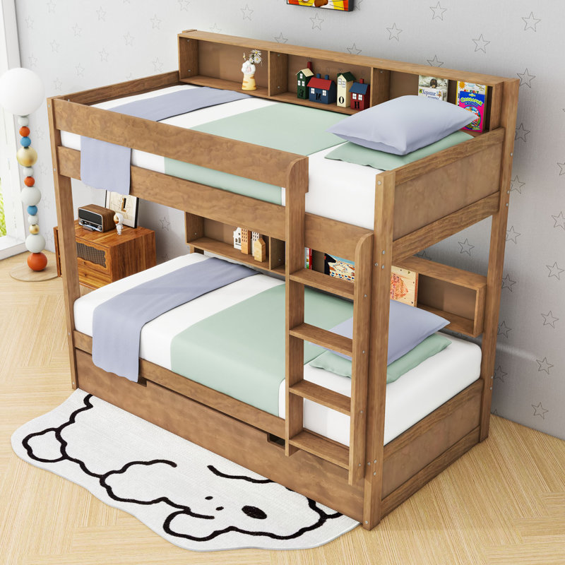 Lit superposé en bois avec lit gigogne simple, tablettes et garde-corps, Twin Over Twin, Bois antique