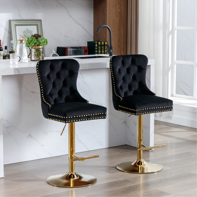 Thick Chrome Swivel Velvet Barstools,Adjustable 25-33"Height,Modern Upholstered With17.7" Base,Tufted Buttons&Diamond Pleating,Sponge&Spring Seat,For Home Pub&Kitchen Island(Grey, Set Of 2)